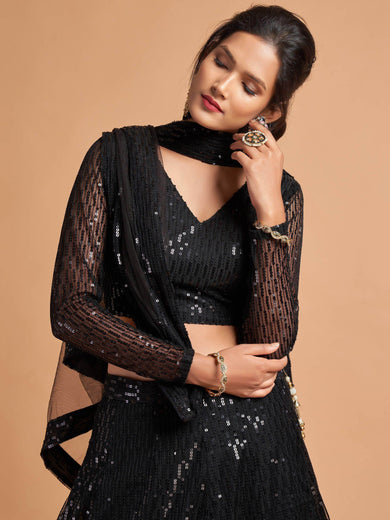Stunning Black Thread Embroidered Net Party Wear Lehenga Choli